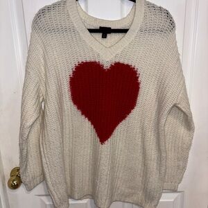 Torrid Cream V-Neck Sweater with Red Heart
